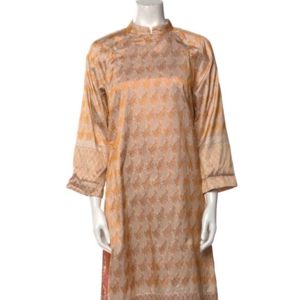 Women's Maxi Dress in Peach Floral Jacquard Silk Cotton Size L